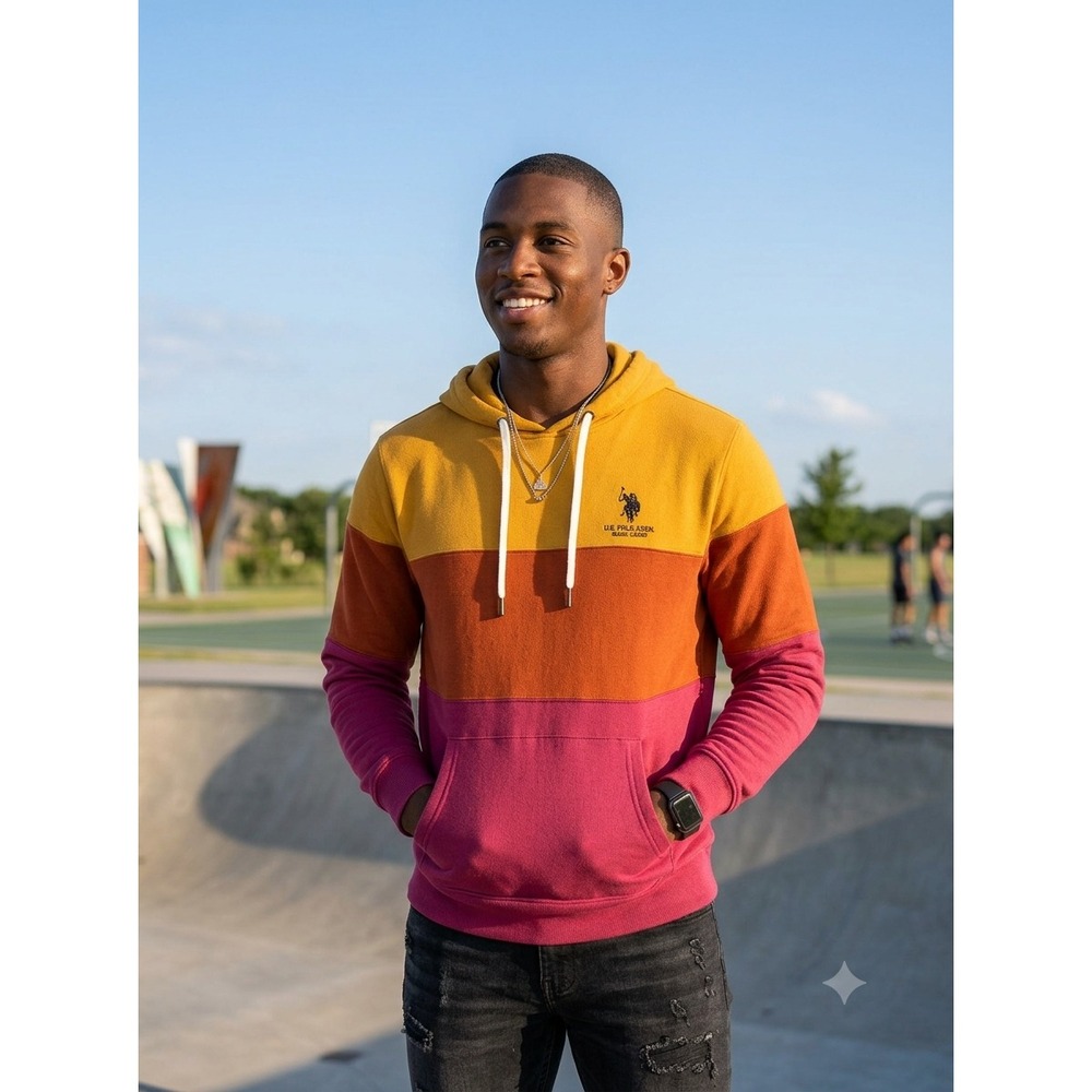 U.S. Polo Assn Black Mallet Colorblock Hoodie Retro Streetwear, Medium